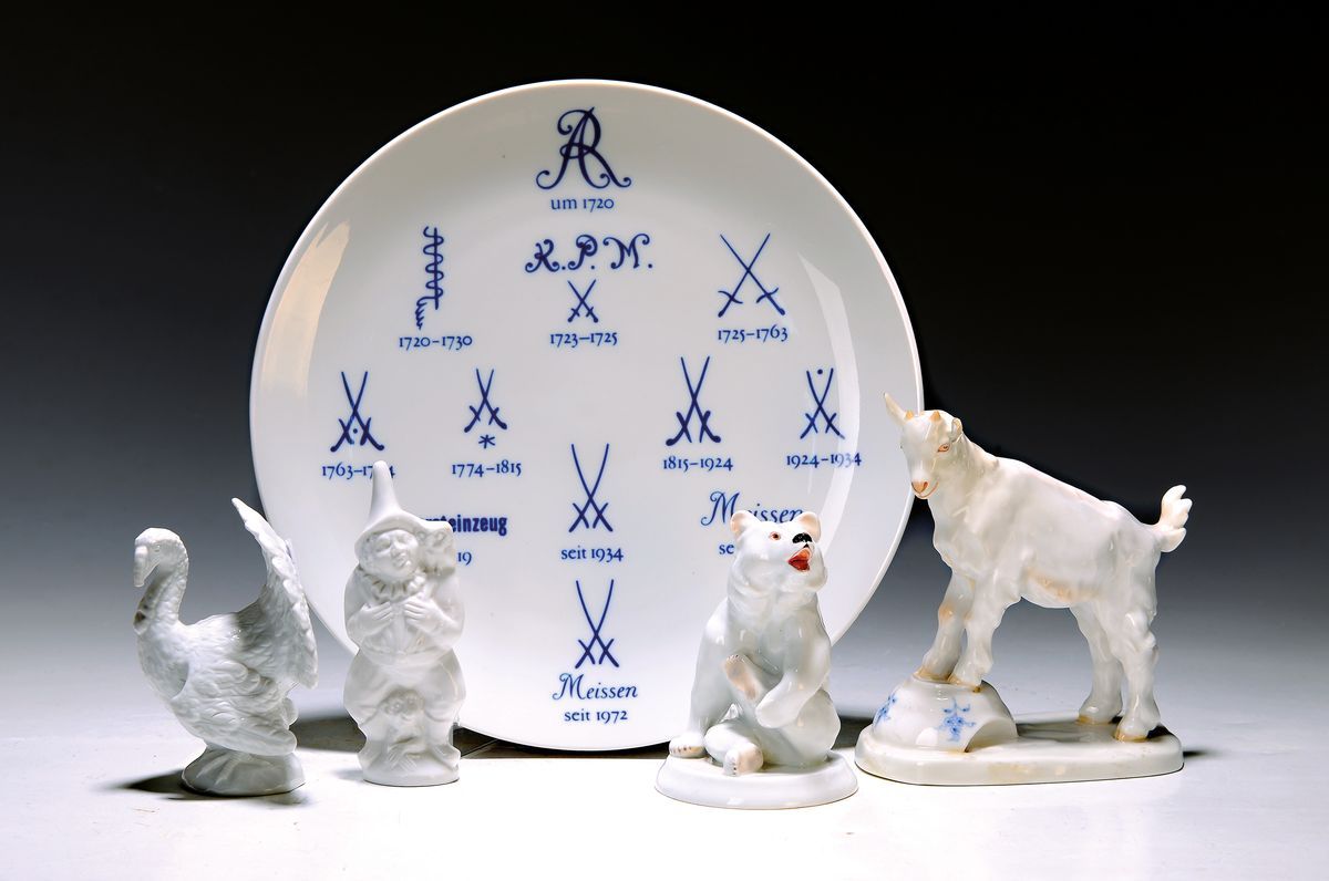 Null Quatre figurines et assiettes en porcelaine portant la marque de fabrique, &hellip;