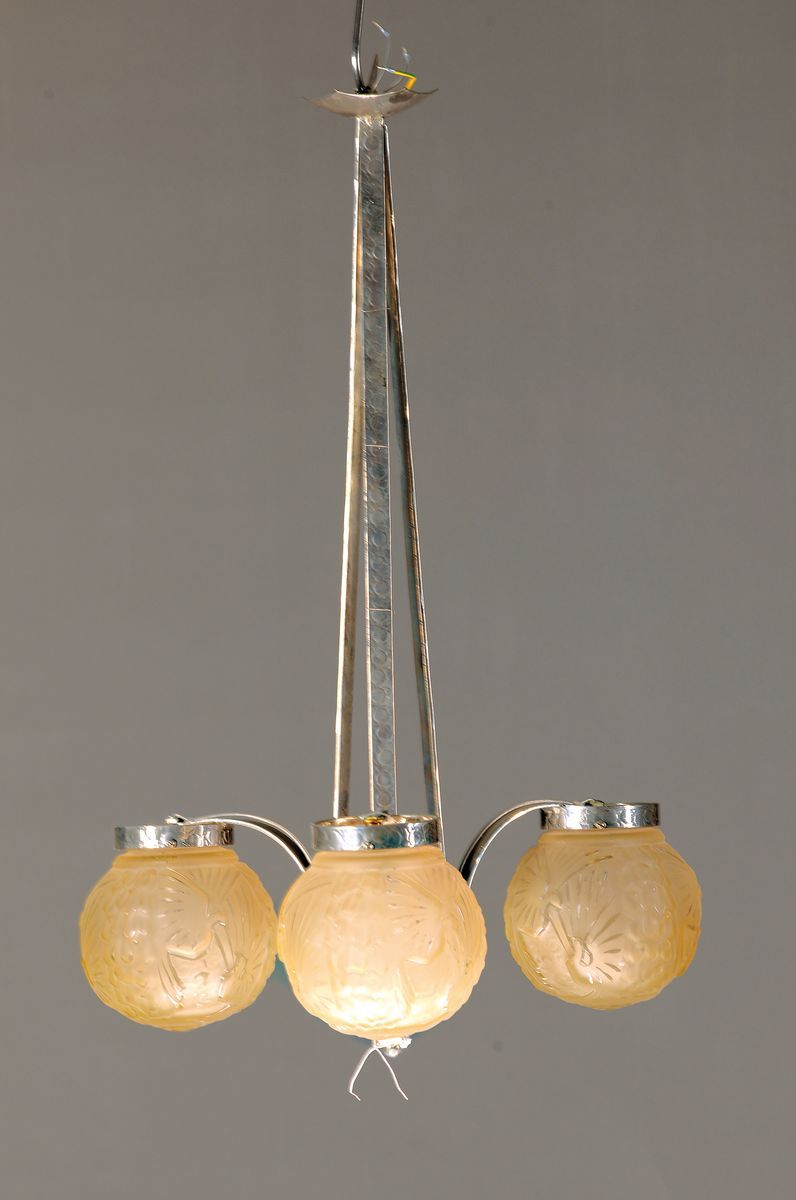 Null Lámpara de techo, Francia, años 30, Muller Freres, estructura de metal, tre&hellip;