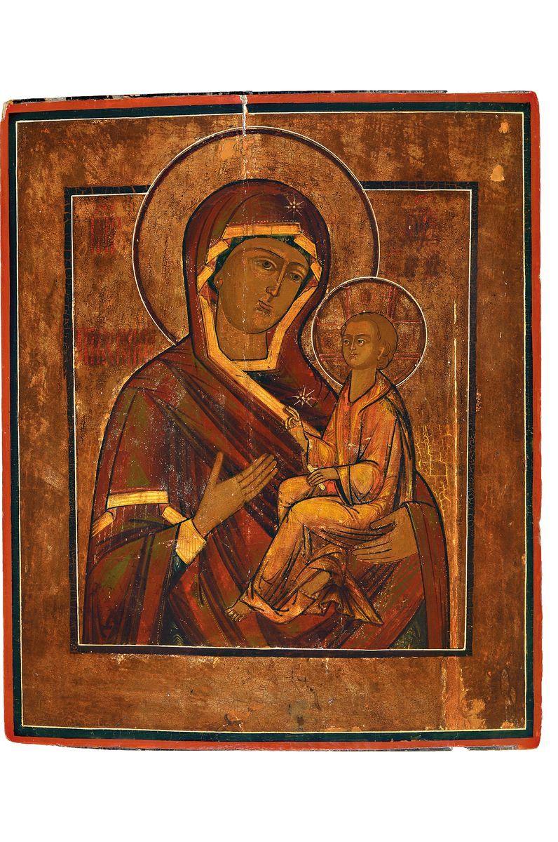 Null 圣像，俄罗斯，19 世纪，Tikhvin (Tikhvinskaya) 的圣母玛利亚，拜占庭模型，木质钢笔画，已修复，有岁月痕迹，43x35 厘米