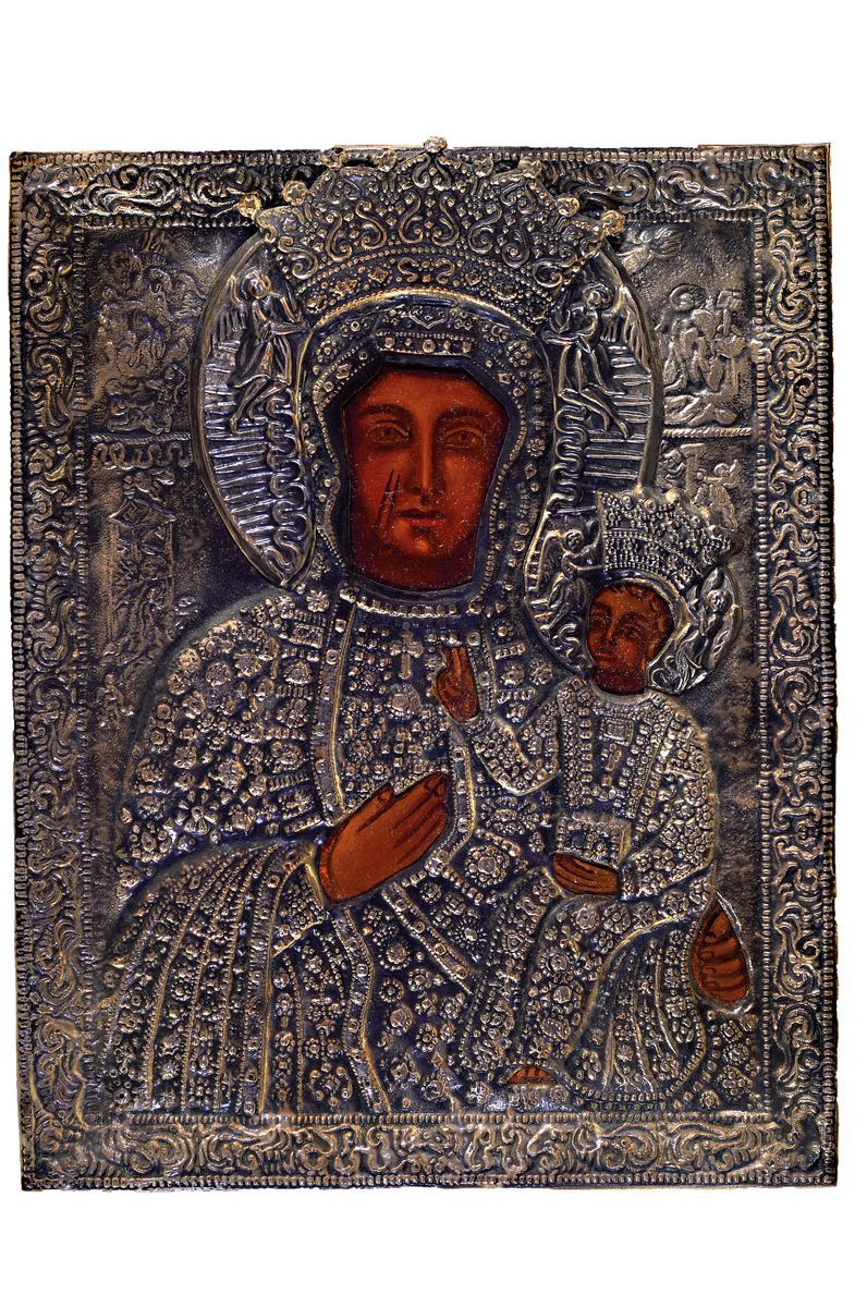 Null 圣像，俄罗斯，约 1920 年，圣母玛利亚与婴儿耶稣，木质钢笔画，压印丰富，镀银金属陶瓷，约 30.5x24.5 厘米