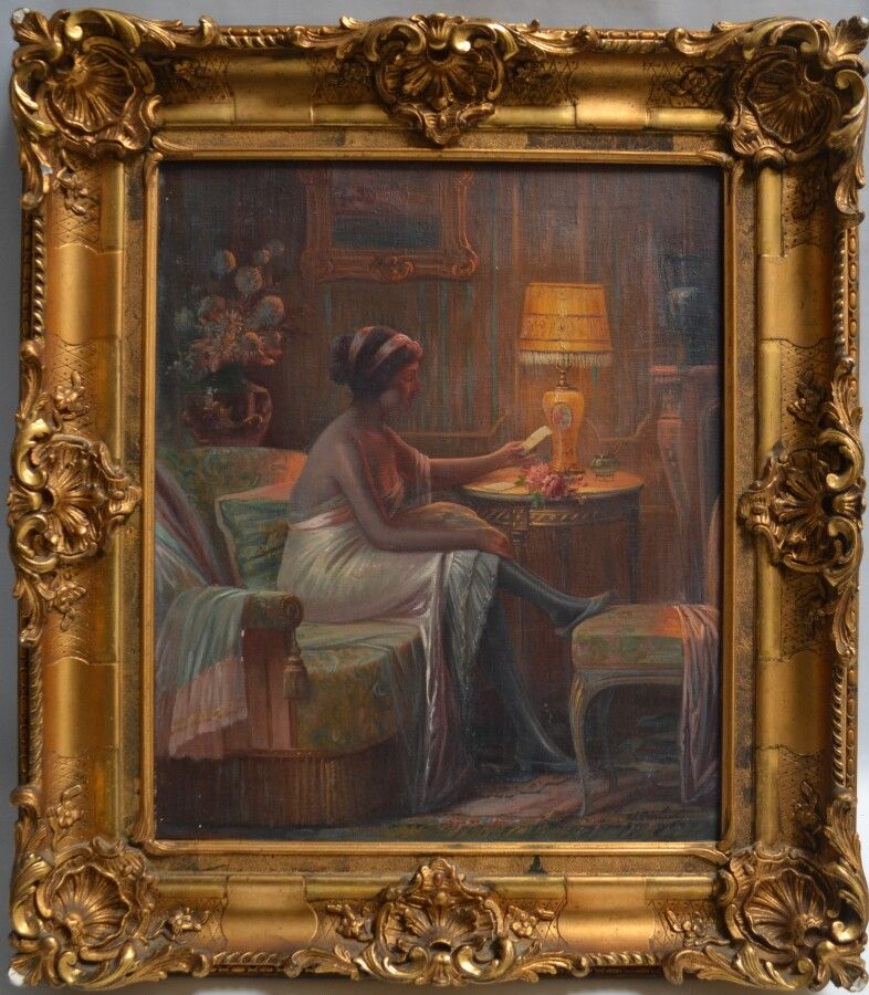 Null 马克斯-阿尔伯特-卡里尔(1872-1938)

一位女士在其室内的画像

布面油画，右下角有签名

55 x 46 厘米