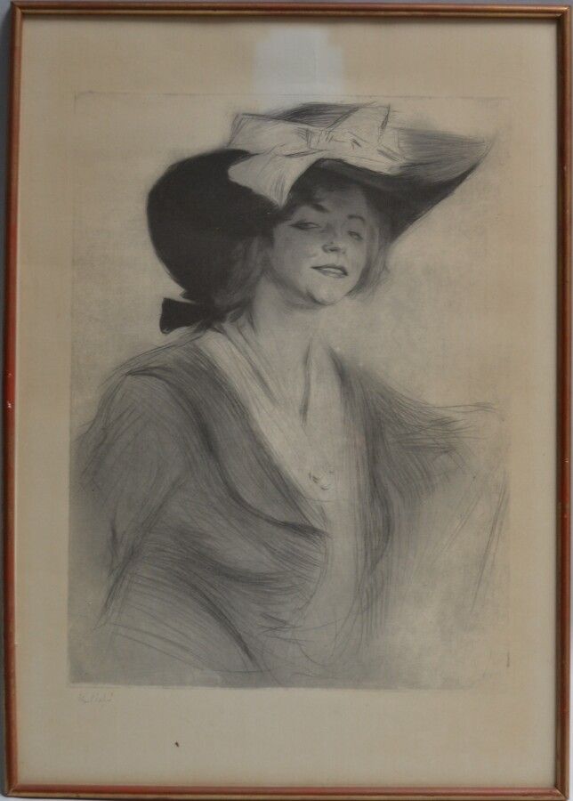 Null 埃德加-查欣[亚美尼亚人]（1874-1947）。

带帽子的优雅女人

在版上签名的印刷品

63 x 44厘米（不透明）。