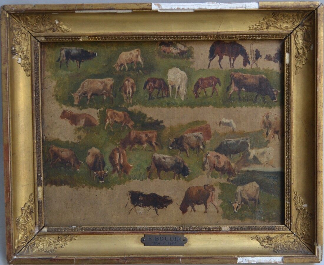 Null 约1850年的法国学校，Brascassat的随行人员

牛、马和小牛在草地上的研究

画布上的纸

24 x 30 cm (印有Eugène Bou&hellip;