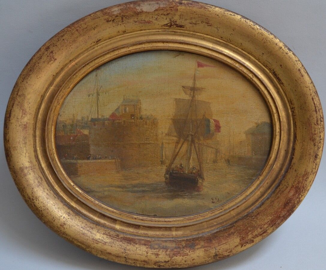 Null 法国学校，19世纪

帆船进入港口

椭圆形画布上的油画，右下方有 "LG "字样，背面的标签上有路易斯-加内雷的署名。

13.5 x 17.5厘米