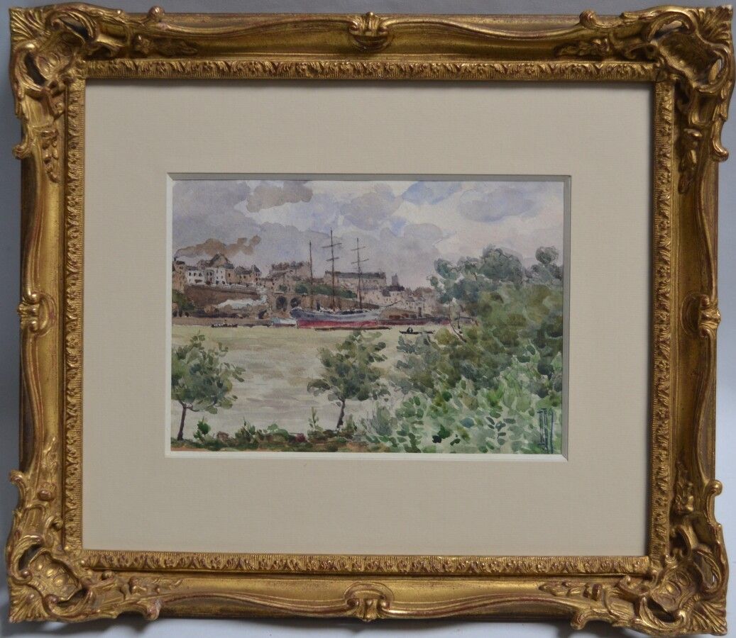 Null 多纳蒂安-罗伊(1835-1930)

南特，停泊在赫米蒂奇河畔的三桅船

右下角有签名的水彩画

17.5 x 25 cm 正在观看