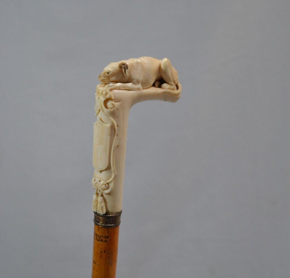 Null 木制手杖，署名 "Sevestre à Paris"，象牙雕刻的鞍座上有一只灰狗，上面有纹章。

19世纪晚期

长：88.5厘米 毛重：136克（枪&hellip;