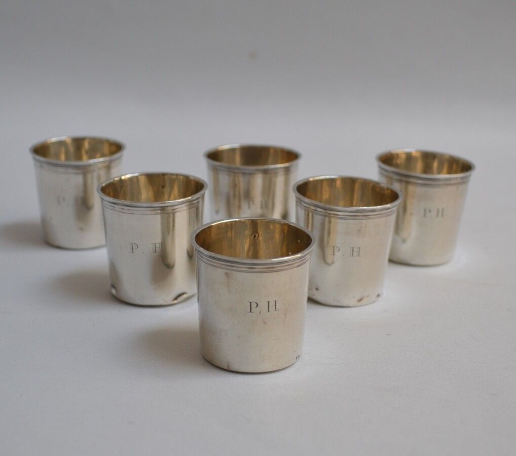 Null Set of six plain silver LIQUEUR GLASSES, the neck underlined with fillets, &hellip;