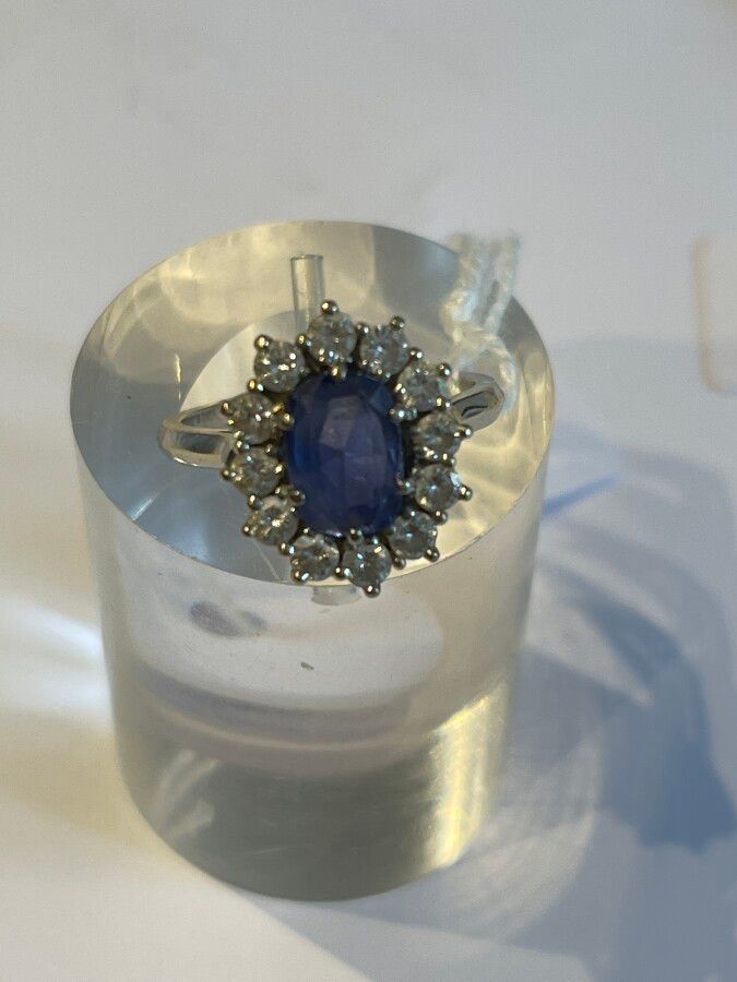 Null 白金雏菊戒指，镶嵌椭圆形蓝宝石，周围有12颗小钻石，重5.7克TDD 55