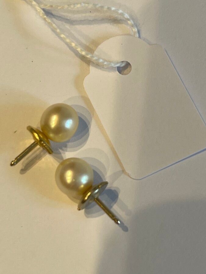 Null 耳环，白色养殖珍珠，黄金镶嵌，重量2.4克