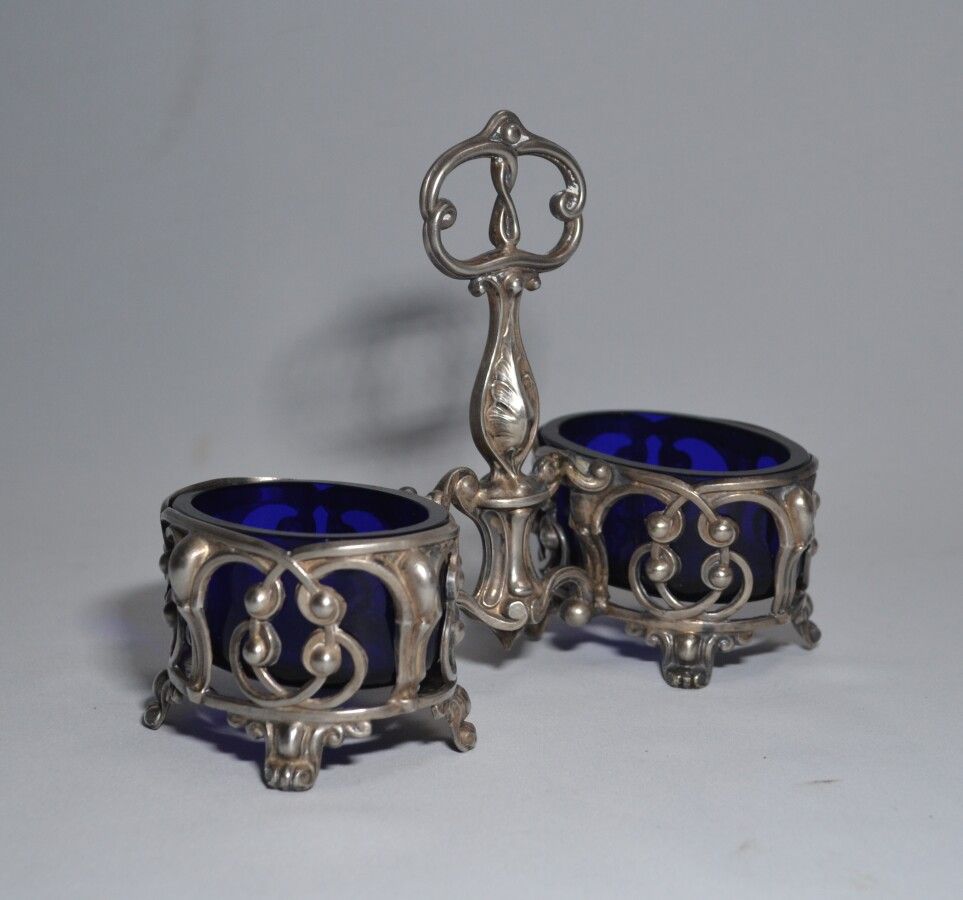Null Double silver SALON, with two blue glass interiors

Minerva. Goldsmith: M. &hellip;