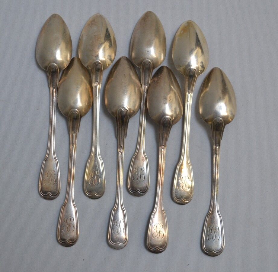 Null Eight silver TEA SPoons, threaded pattern, engraved

Minerva

Weight: 156 g&hellip;