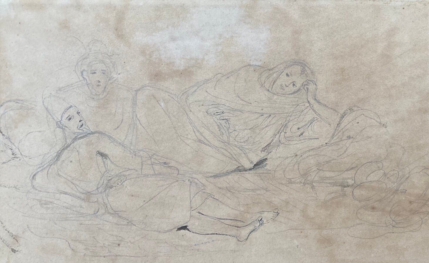 Null 欧仁-德拉克洛瓦(1798-1863)

躺在警卫室里的三个人

黑色铅笔，水洗

19.7 x 27.7厘米（不透明）。

德拉克洛瓦用黑色铅笔做了&hellip;