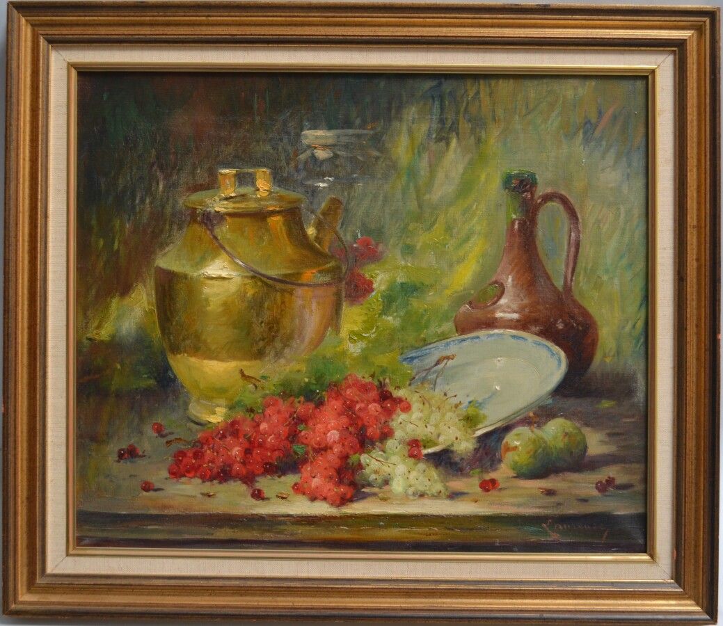 Null 阿尔弗雷德-阿瑟-布鲁内尔-德-纽维尔(1852-1941)

鹅莓静物画

布面油画，右下角有他的笔名 "劳伦斯"。

46 x 55厘米（修复体