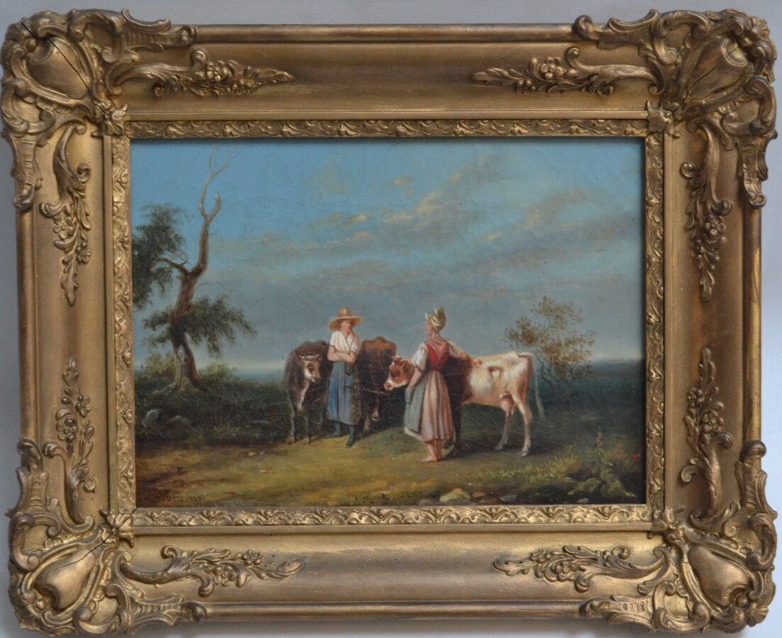 Null 哈德贝特（19世纪

照顾奶牛的夫妇，1857年。

布面油画，左下角有签名和日期

19.5 x 26 cm