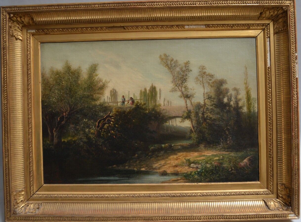 Null E.BRUN（19世纪

桥上的人物，1879年。

布面油画，左下角有签名和日期

40 x 60厘米