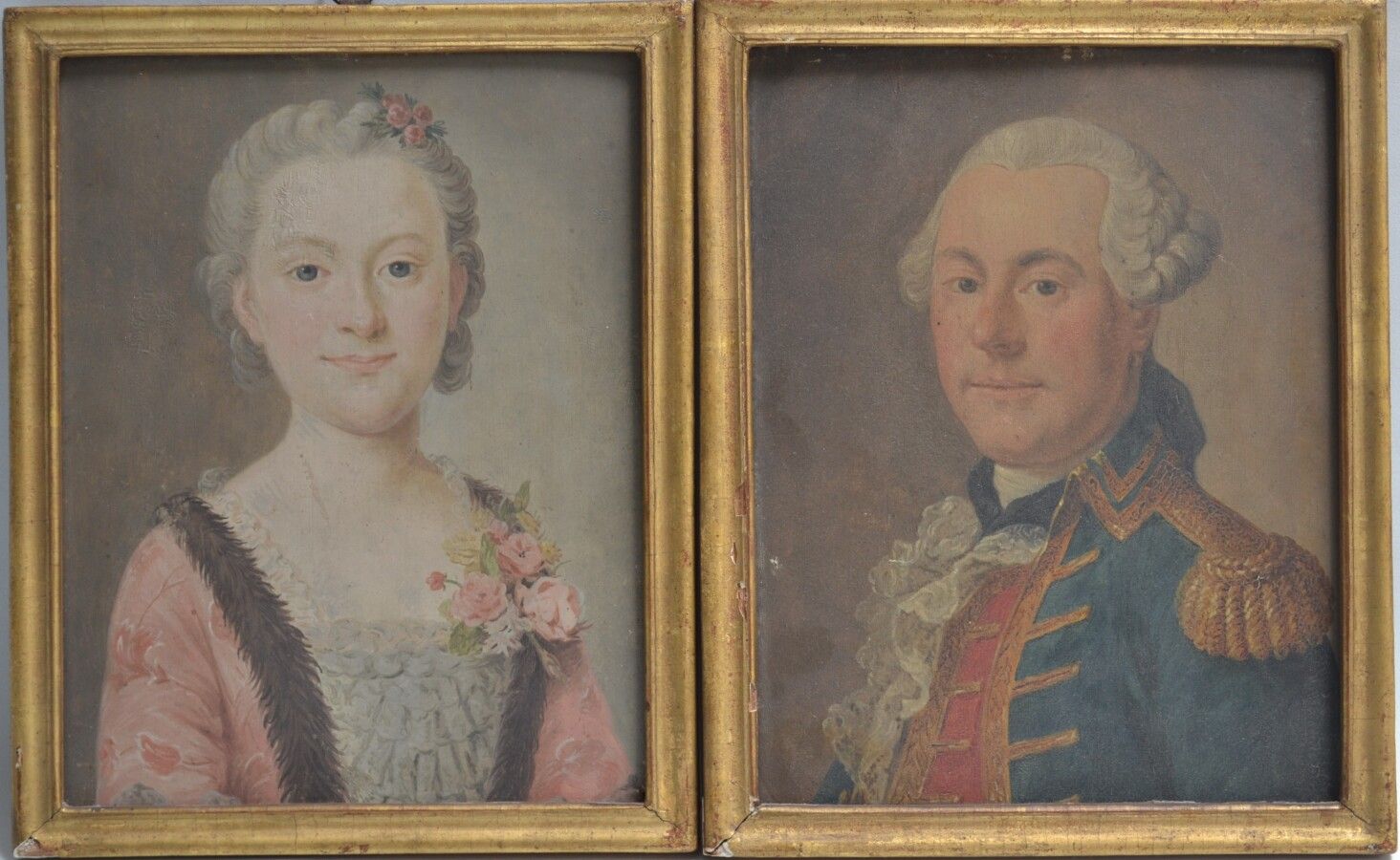 Null 18世纪法国学校

一位海军军官的肖像。

妻子的画像

一对板式油画，背面有注解

每个24.5 x 19.5厘米