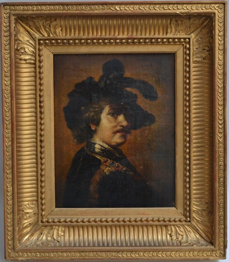 Null 17世纪霍兰德学校的味道

戴着羽毛帽的男子肖像

布面油画，装在面板上

27 x 21.5 cm (修复体)