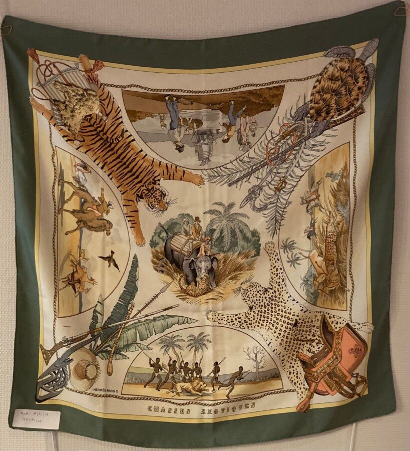 Null HERMES巴黎

"菲利普-勒杜的《异国狩猎》，1980年第1版

印花丝绸的方形。

90 x 90厘米