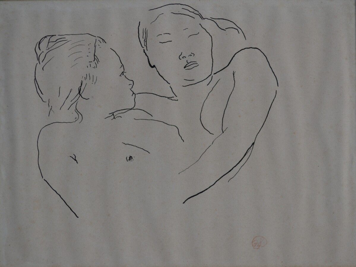 Null 让-朗努瓦(Jean LAUNOIS) (1898-1942)

两位年轻的亚洲女性拥抱在一起

水墨画，右下角盖有单字

23 x 30.8 cm，&hellip;