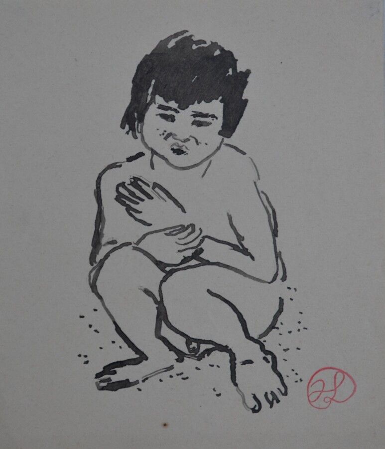 Null 让-朗努瓦(Jean LAUNOIS) (1898-1942)

蹲在地上的印度裔儿童

水墨画，右下角盖有单字

12.2 x 10.5厘米