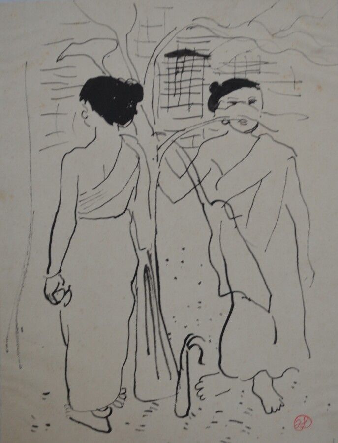 Null 让-朗努瓦(Jean LAUNOIS) (1898-1942)

两个年轻的印度支那妇女

水墨画，右下角盖有单字

32 x 24.5厘米（有瑕疵）