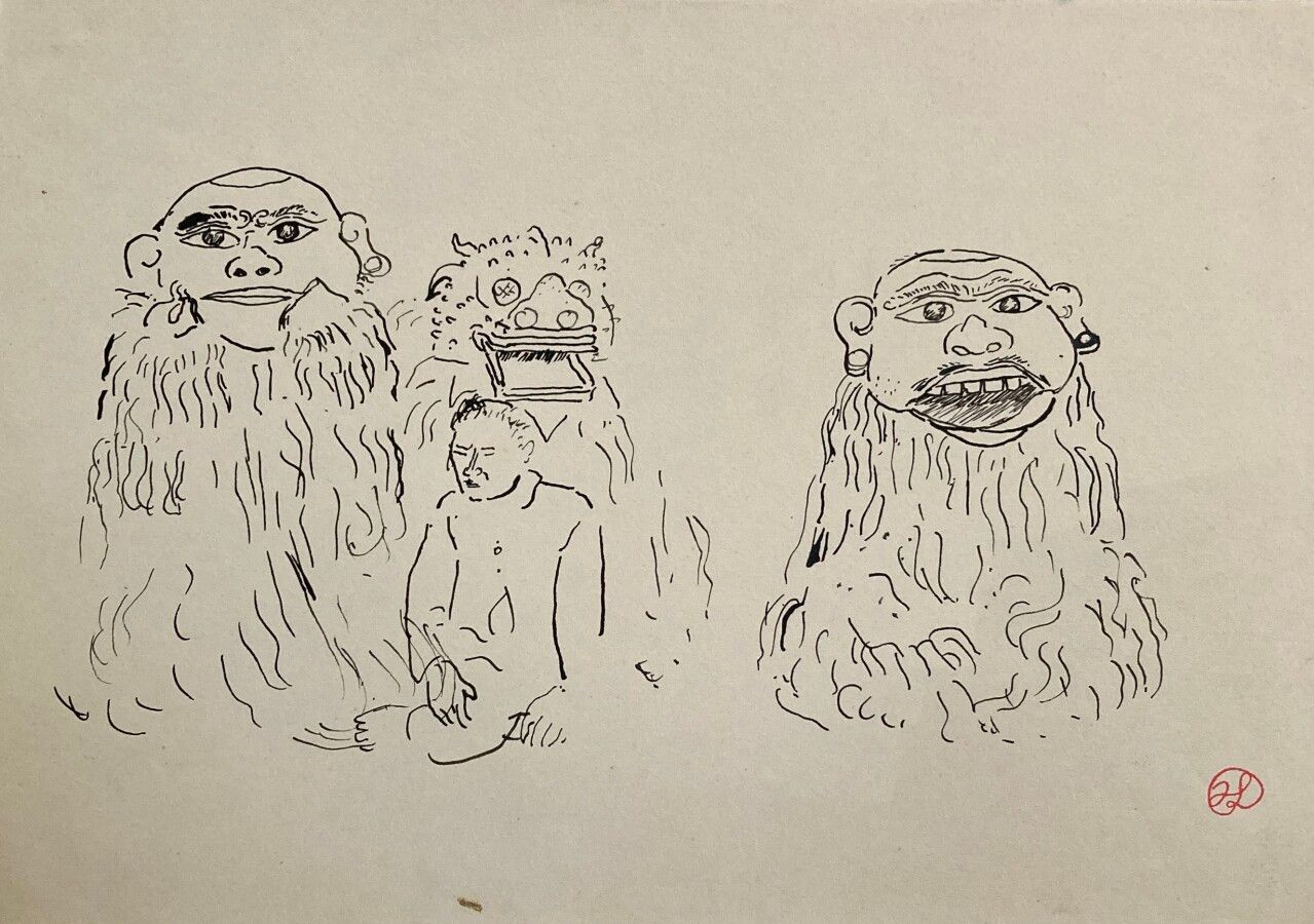 Null 让-朗努瓦(Jean LAUNOIS) (1898-1942)

在三个仪式性面具前的亚洲人

水墨画，右下角盖有单字

21.5 x 31 cm