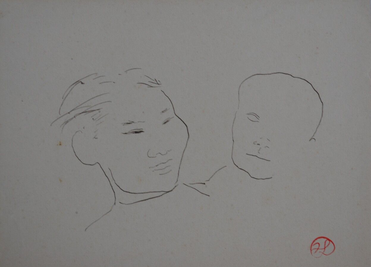 Null 让-朗努瓦(Jean LAUNOIS) (1898-1942)

印度支那妇女和她的孩子

水墨画，右下角盖有单字

14.5 x 20厘米（略有瑕疵&hellip;