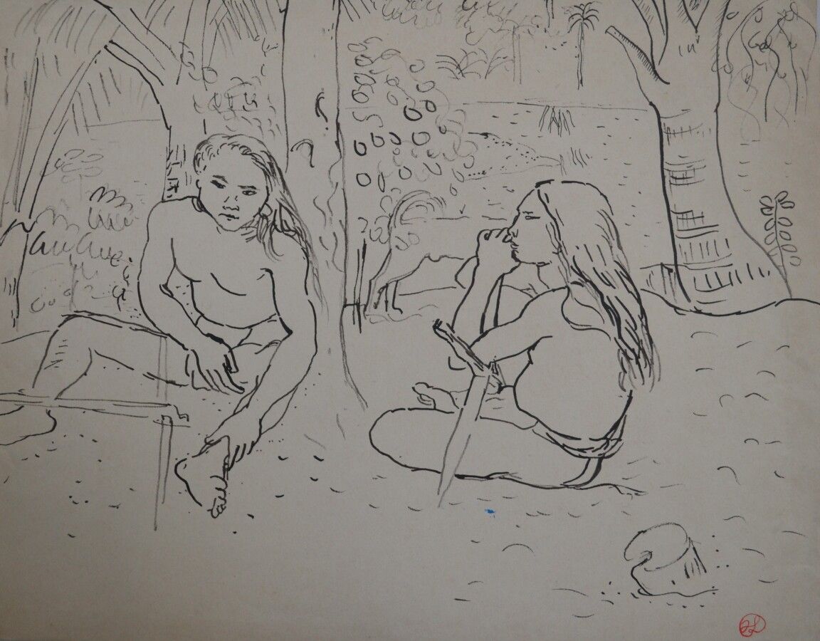 Null 让-朗努瓦(Jean LAUNOIS) (1898-1942)

两个年轻的卡斯坐着

水墨画，右下角盖有单字

32 x 40.8厘米