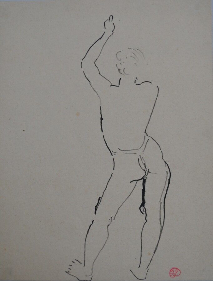 Null 让-朗努瓦(Jean LAUNOIS) (1898-1942)

从后面看年轻的亚洲人

水墨画，右下角盖有单字

33 x 25.5厘米（有瑕疵）