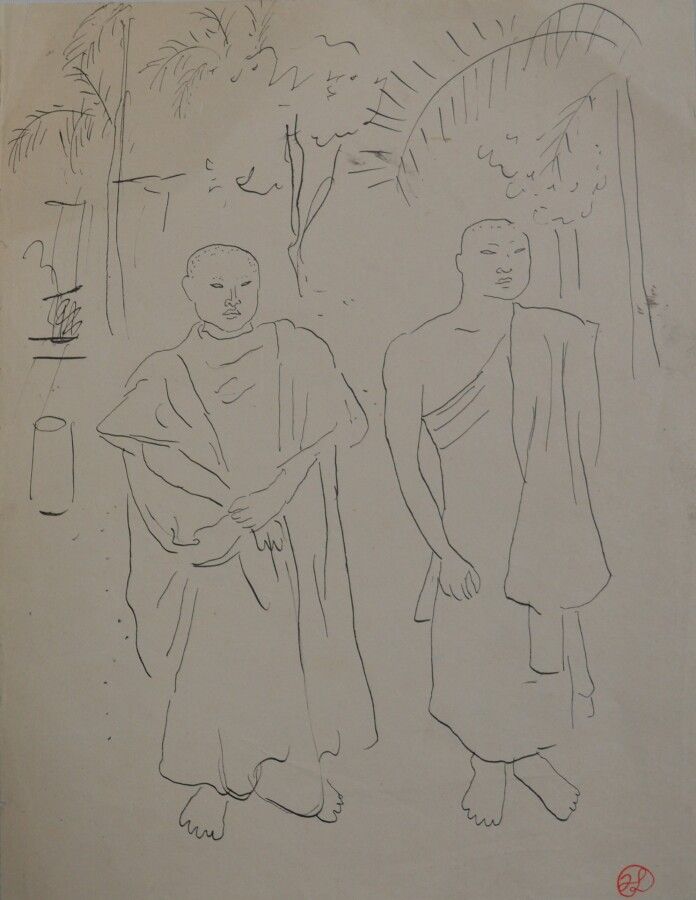 Null 让-朗努瓦(Jean LAUNOIS) (1898-1942)

两个站立的和尚

水墨画，右下角盖有单字

32 x 24.8厘米（轻微点蚀，小折痕&hellip;