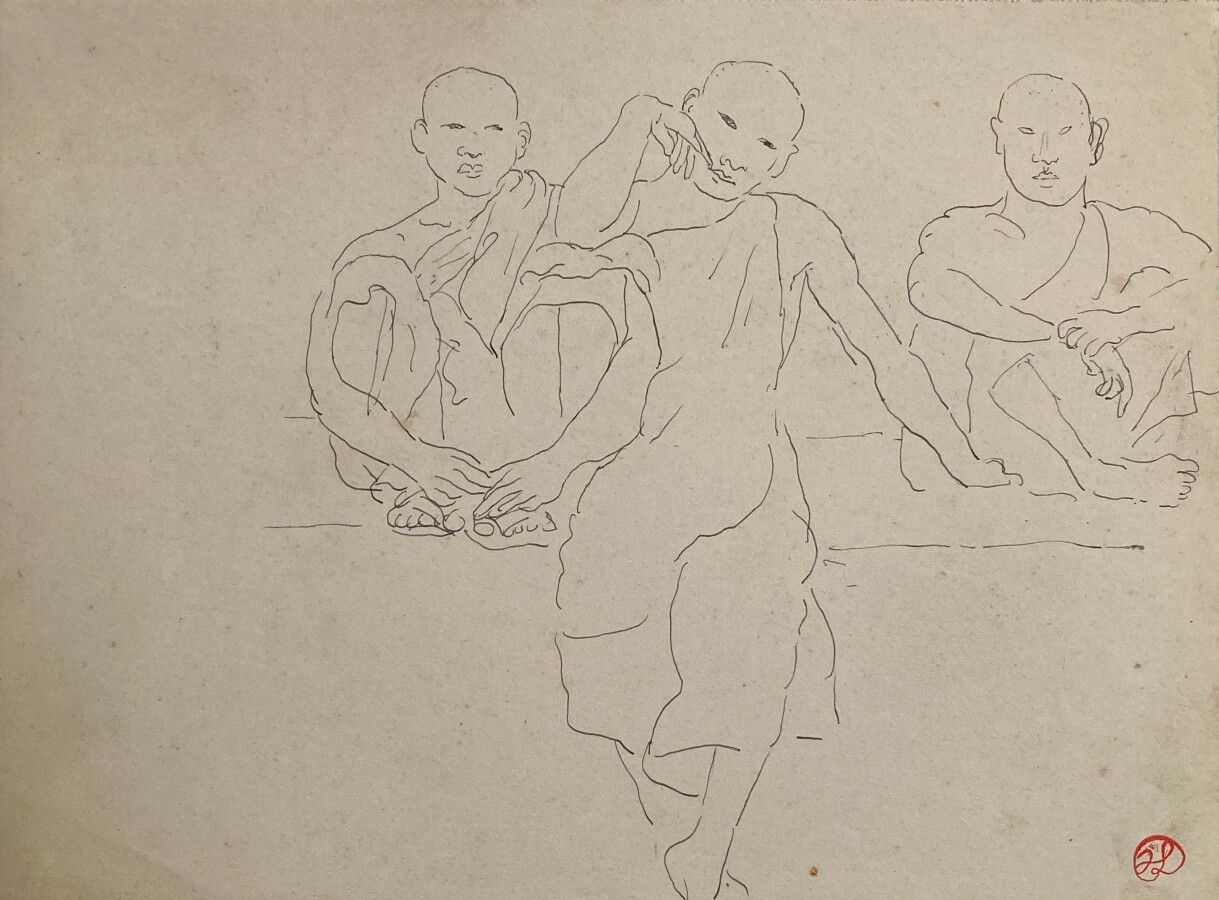 Null 让-朗努瓦(Jean LAUNOIS) (1898-1942)

三个和尚

水墨画，右下角盖有单字

23 x 31厘米（有瑕疵）