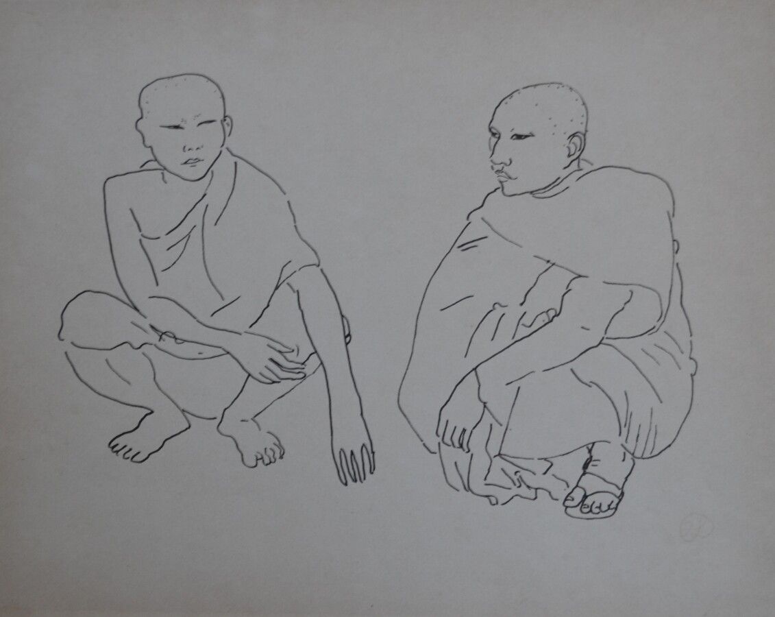 Null 让-朗努瓦(Jean LAUNOIS) (1898-1942)

两个蹲着的和尚

水墨画，右下角印有单字的痕迹

24 x 30.5 cm (稍有失&hellip;