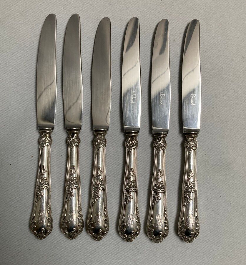 Null Set of six silver cheese knives, stainless steel blade, foliage pattern, en&hellip;