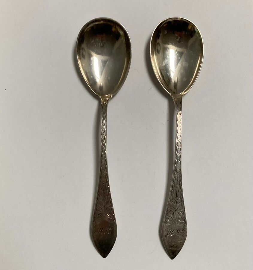 Null Two silver serving spoons, engraved

Denmark, 1907

L.: 18.5 cm Weight: 66 &hellip;