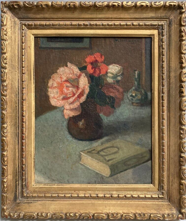 Null 埃米尔-梅斯纳格（Emile MESNAGER）（第十九至二十届）。

花瓶中的花束靠近桌子上的一本书

布面油画，右上方有签名，背面有布商Blanc&hellip;