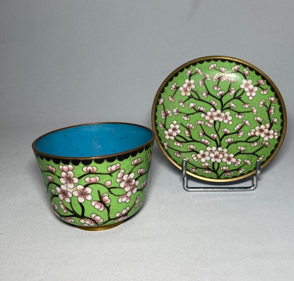 Null 中国

掐丝铜和多色珐琅杯和碟子，饰有花枝图案

H.(杯)：5厘米D。(碟子)：9.5厘米