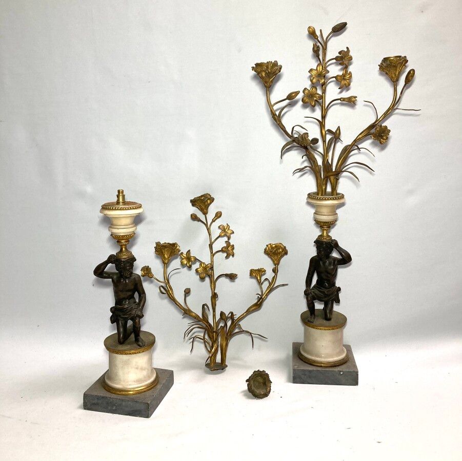 Null Pair of CANDELABRES in marble and gilded and patinated bronze, each represe&hellip;