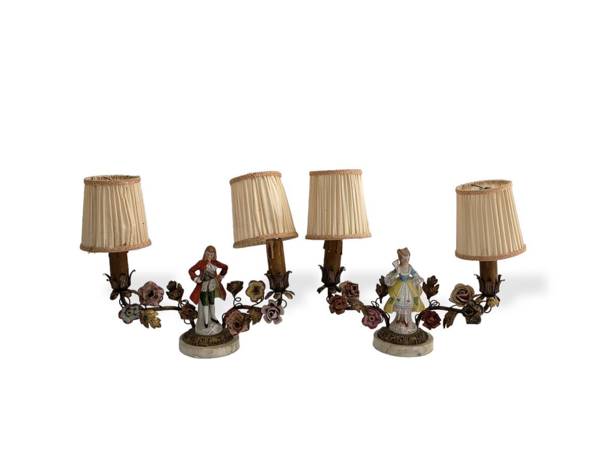 Null Pair of brass, marble and porcelain CANDELABRES each decorated with a chara&hellip;