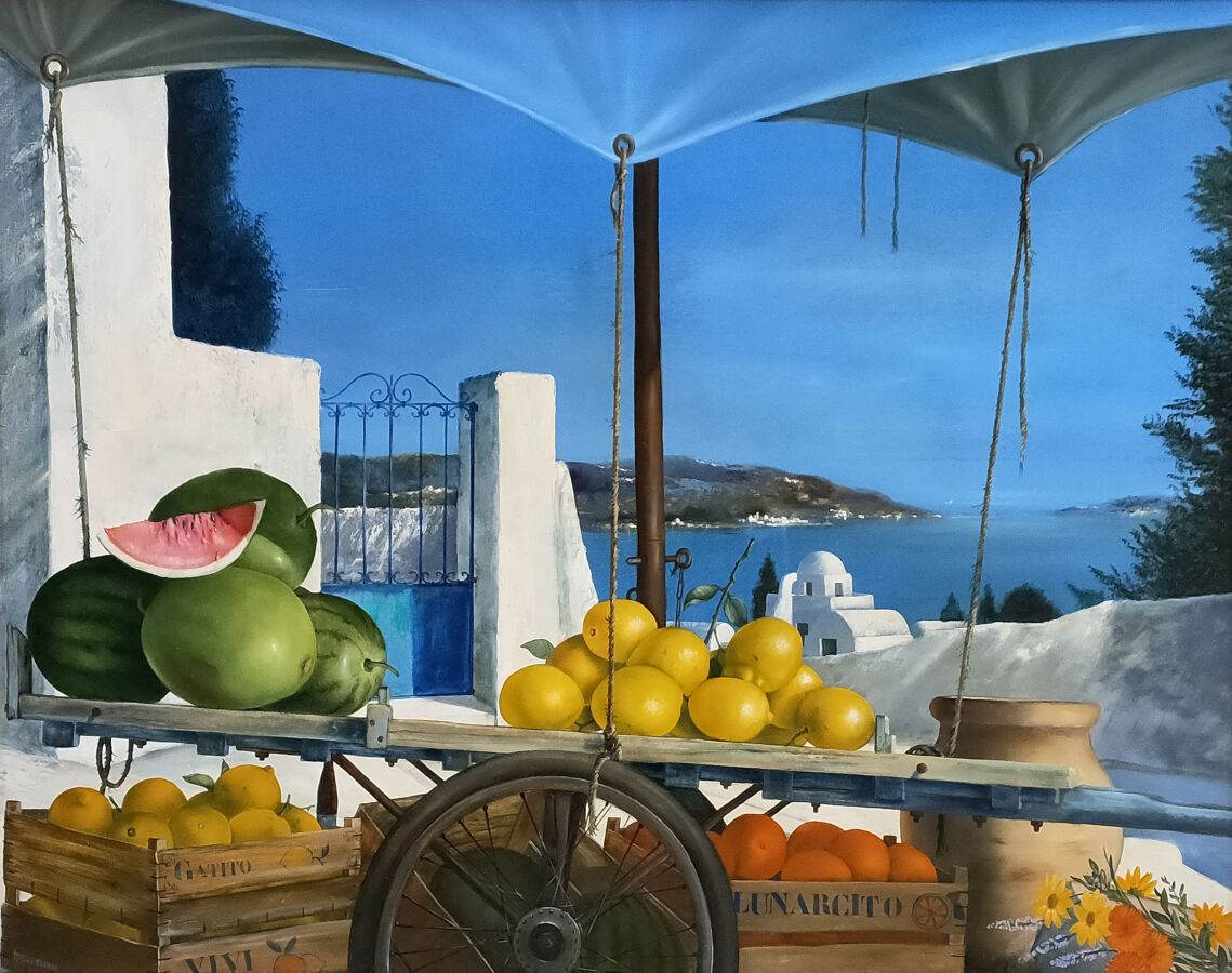 Null 泰隆-阿瓜多 (Tyrone AGUADO) (生于1949年)
菜农的车
布面油画，左下角有签名
73 x 92 cm