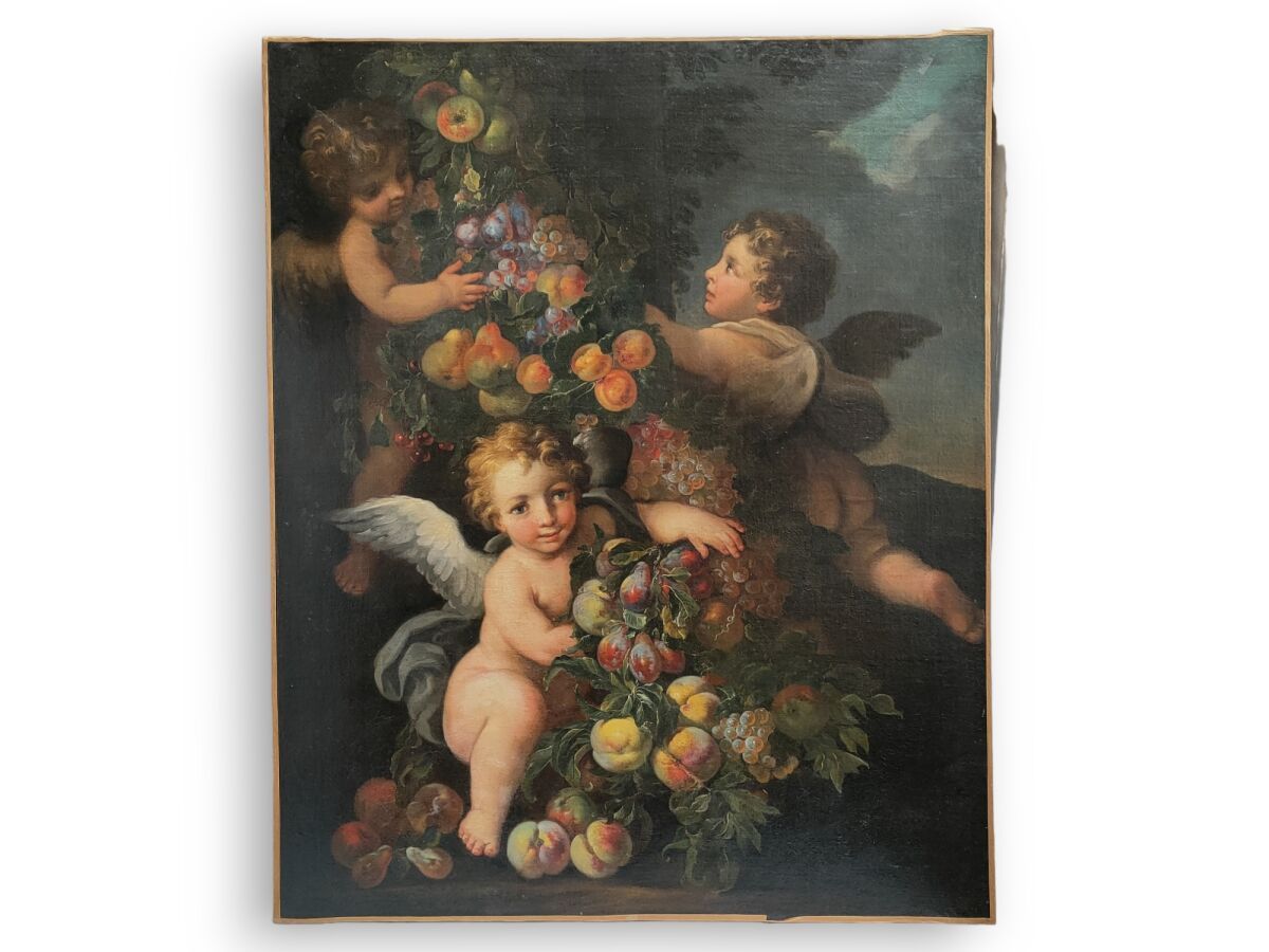 Null Scuola francese o italiana circa 1800
Tre putti con frutta
Olio su tela
118&hellip;