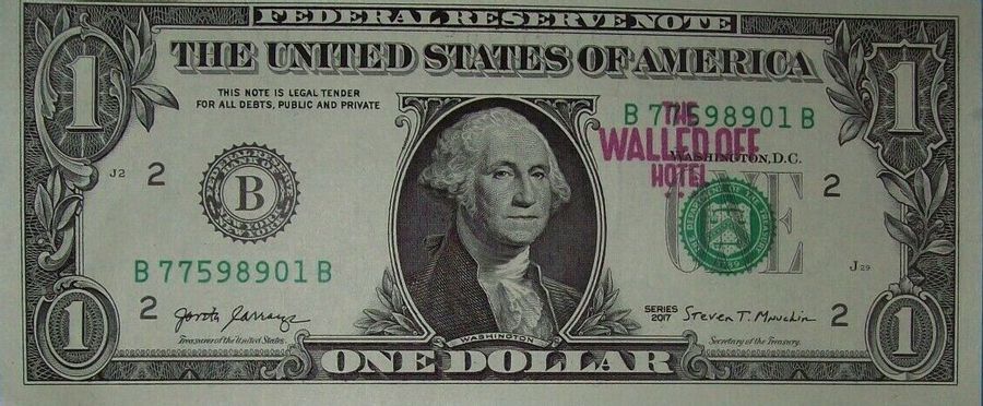 BANKSY (d'après) (Anglais - Né en 1974) 
1$ bill stamped in pink ink




Walled &hellip;
