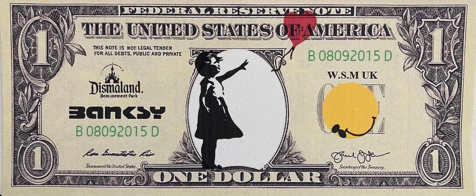 Banksy né en 1974 (D'après) BANKSY（生于1974年）Dismal Dollar - 2015 一元纸币丝印在画布上，图案是带着&hellip;