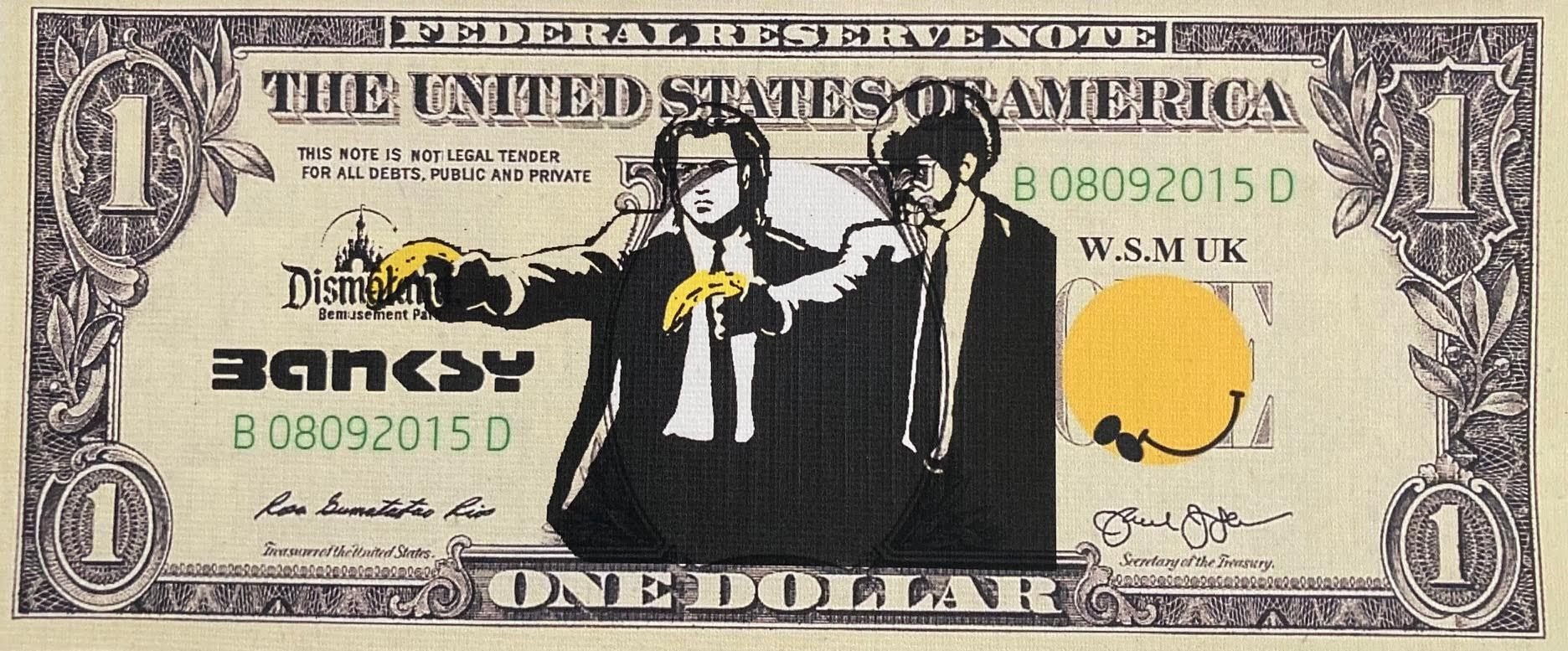 Banksy né en 1974 (D'après) BANKSY（生于1974年）Dismal Dollar - 2015 一美元纸币丝印在画布上，上面有一&hellip;