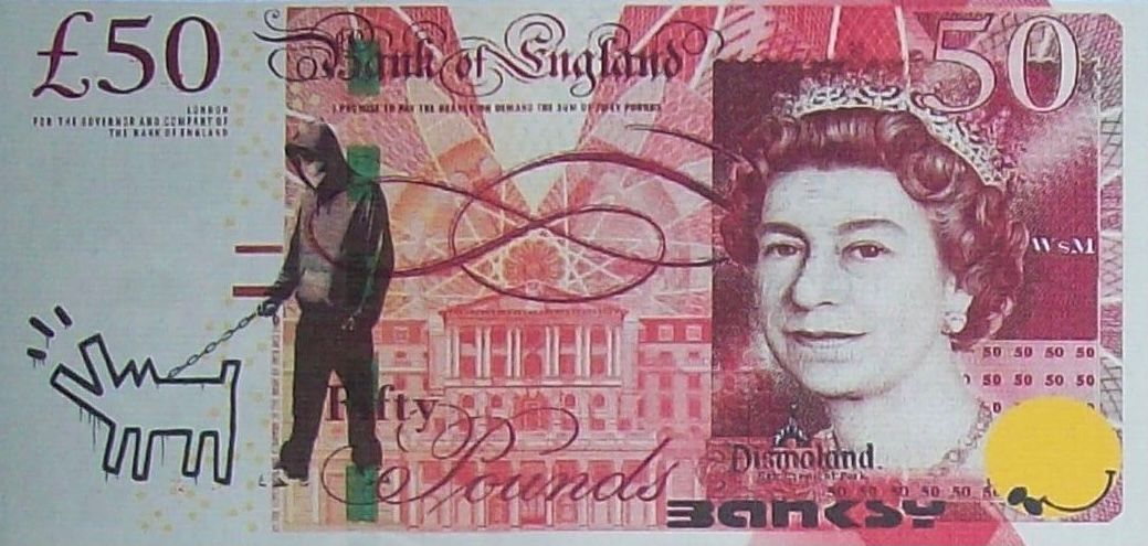 Banksy né en 1974 (D'après) 凄惨的斯特林 - 2015

以50英镑纸币为主题的帆布印刷品，丝网印刷在帆布上，作品背面有dismal&hellip;
