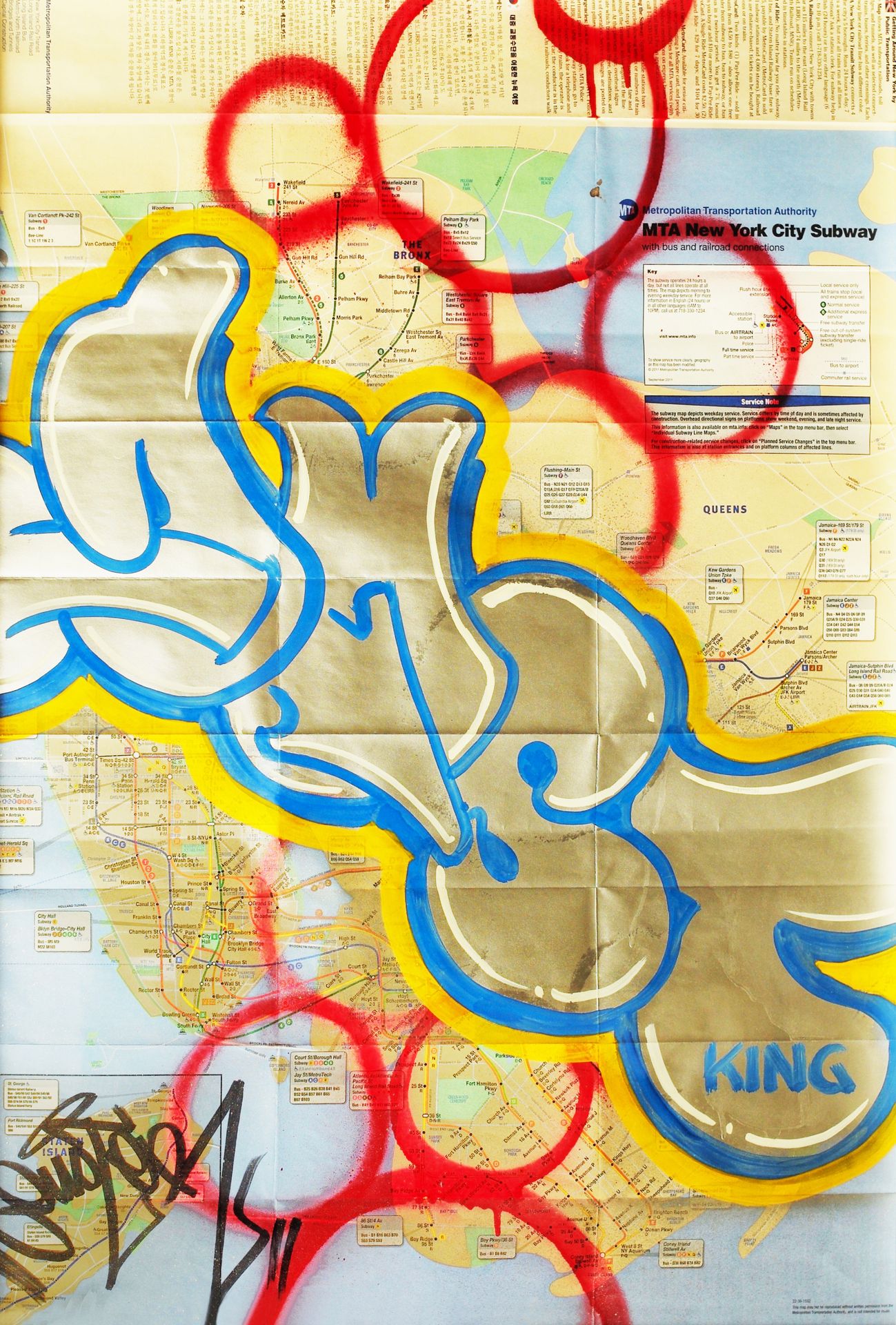 DUSTER DUSTER 
KING,2015 
acrylique et bombe aérosol sur plan de metro de N.Y.C &hellip;