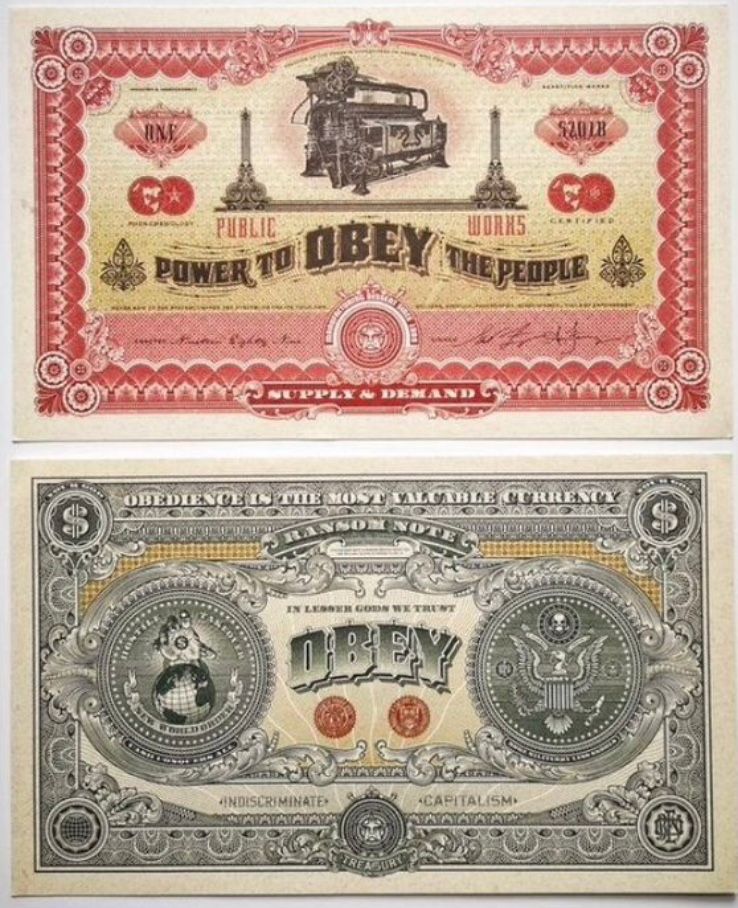 SHEPARD FAIREY dit Obey 艺术家OBEY的丝网印刷作品，两面都是奶油色的斑纹纸（8.8*14.7）。

代表一张纸币，印刷的两面代表资本主&hellip;