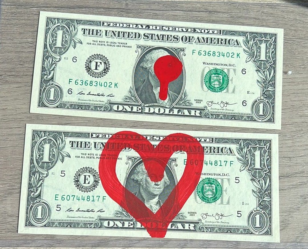 DEATH NYC Acrylic on real double one dollar bills by artist DEATH NYC, signed, d&hellip;