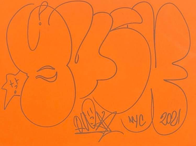 Lin FELTON dit QUIK (Né en 1958) QUIK (1958年出生) (美国)
橙色纸上用黑色马克笔画的献词式图画
位于纽约市，日期为&hellip;