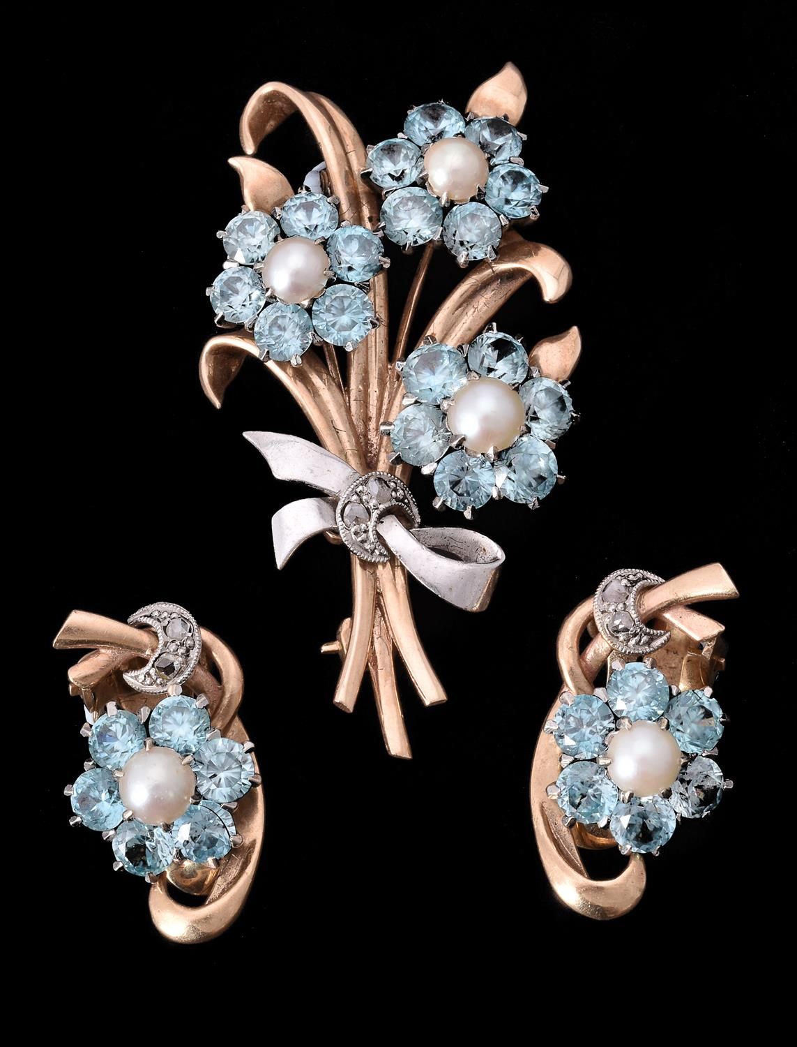 A mid 20th century blue zircon, cultured pearl and rose cut diamond floral spray&hellip;
