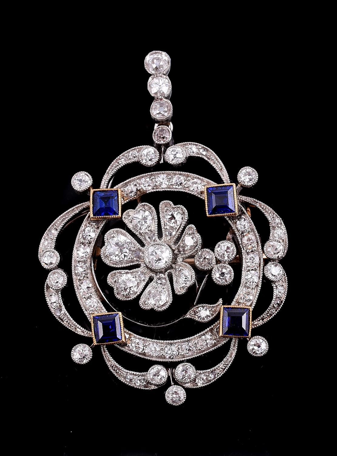An Edwardian diamond and sapphire brooch/pendant 爱德华时代的钻石和蓝宝石胸针/吊坠，约1910年，老矿切割钻石&hellip;